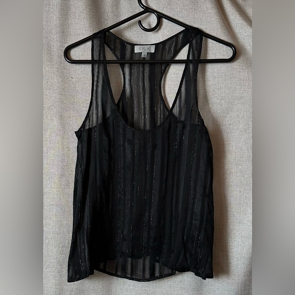 S.Y.L.K.•sheer flowy tank•small•black w/silver metallic pinstripes•relaxed fit